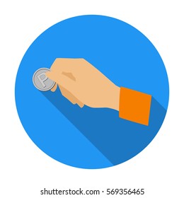 Hand holding coin for parking meter icon in flat style isolated on white background. Parking zone symbol stock vector illustration.