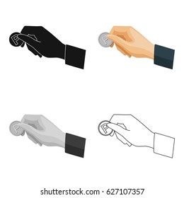 Hand holding coin for parking meter icon in cartoon style isolated on white background. Parking zone symbol stock vector illustration.
