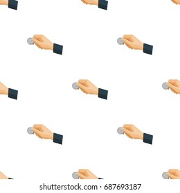 Hand holding coin for parking meter icon in cartoon style isolated on white background. Parking zone symbol stock vector illustration.