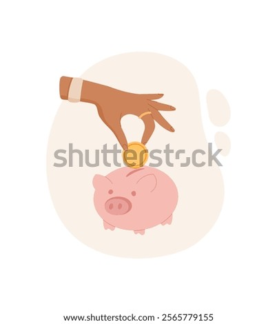 Hand holding a coin for a piggy bank. Gesture to save cash in piggy bank. Cartoon style graphic, financial concept, suitable for economy or payment related content.