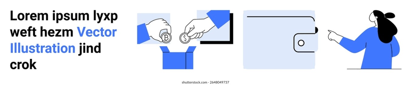 Segurando a mão a moeda, a mão colocando a moeda na carteira, e apontando individual para a tela. Ideal para aplicativos financeiros, serviços bancários on-line, e-commerce, serviços de investimento, carteiras digitais, gateways de pagamento, pessoal