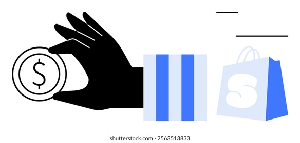 Hand holding coin, shopping bag, and packages with clean lines and minimalistic design. Ideal for e-commerce, online shopping, retail, finance, and business promotions. Modern vector art style. Blue