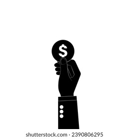 Hand Holding Coin Silhouette Black and and White. Vector Illustration. Growing Money, Saving and Investment Concept. 