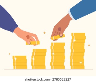 hand holding a coin with stack of gold coins, Financial target or investment goal, growing asset or budget planning.