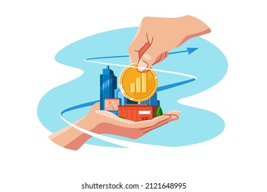 Hand holding coin symbol of investment in real estate vector illustration. Buy and rent accommodation flat style. Invest, property concept