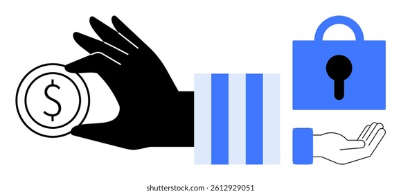 Hand holding coin symbolizing savings, a padlock representing security, and an open hand implying giving or receiving. Ideal for finance, security, savings, investments, and financial management