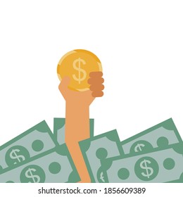 A hand holding a coin that appears from a dollar bill group.