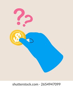Hand holding coin thinking about investment. Colorful vector illustration
