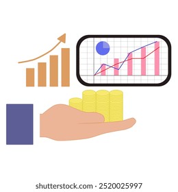 Mano sosteniendo una moneda con un fondo de gráfico de tendencia alcista.