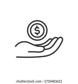 Hand, die Münze hält. Vektorsymbol.
