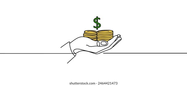 Hand holding coins continuous one line drawing art. Business linear symbol. Savings money concept. Vector isolated on white background.