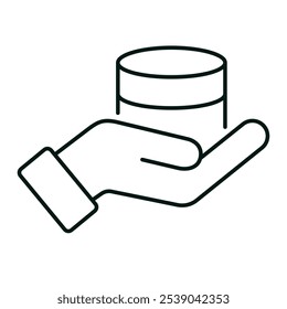 Hand holding coins. Donation, charity, finance or money concept. Minimalistic symbol for web, website and mobile app. Simple line icon on white background. Editable vector stroke. Pixel Perfect.