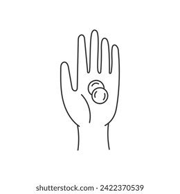 Hand holding coins line drawing. Hand drawn gesture with money, cash. Vector illustration. Charity, poverty, savings, earnings, commerce concept design.