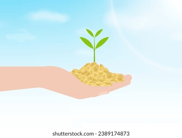Hand Holding Coins and Money Plant. Vector Illustration on Blue Sky Background. Growing Money, Saving and Investment Concept. 