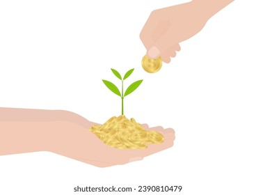 Hand Holding Coins and Money Plant. Vector Illustration on White Background. Growing Money, Saving and Investment Concept. 