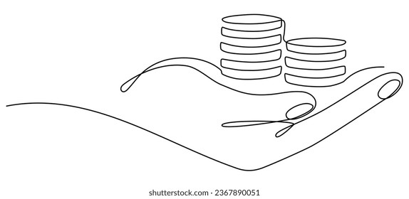 Hand holding coins stack continuous one line drawing. Business concept. Vector illustration isolated on white.