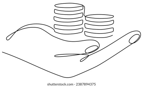Hand, die Münzen stapelt fortlaufend eine Linie Zeichnung. Geschäftskonzept. Vektorgrafik einzeln auf Weiß.