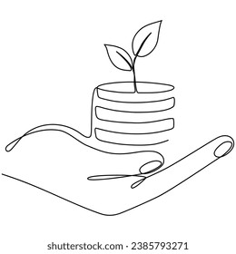 Hand holding coins stack with leaves continuous one line drawing. Business investing symbol. Vector illustration isolated on white.