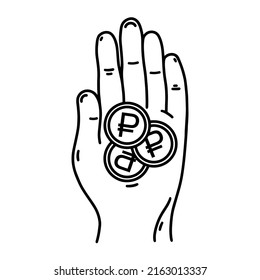 Icono vectorial de las monedas de mano. Esbozo de operaciones financieras - compra, venta, crédito. Palmita humana con fichas de rublos, moneda del banco ruso. Efectivo, signo de pago. Ilustración aislada en blanco