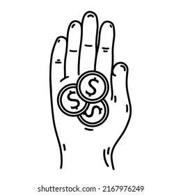 Hand holding coins vector icon. Financial operation sketch - buy, sale, credit. Human palm with American dollar tokens, currency of the USA bank. Cent, payment sign. Illustration isolated on white