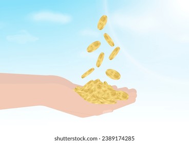Hand Holding Coins. Vector Illustration on Blue Sky Background. Growing Money, Saving and Investment Concept. 