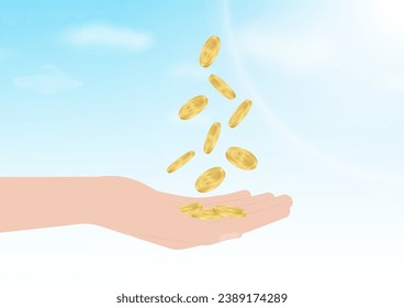 Monedas de sujeción manual. Ilustración vectorial sobre fondo del cielo azul. Crecimiento del Dinero, Ahorro y Concepto de Inversión. 