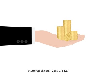 Hand Holding Coins. Vector Illustration Isolated on White Background. Growing Money, Saving and Investment Concept. 