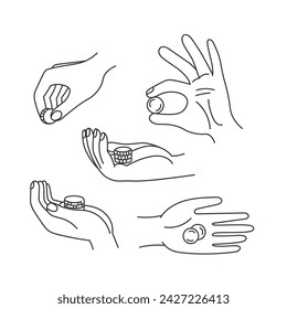 Hand holding coins vector illustrations set. Collection of cash money gestures in sketch style. Line fingers paying for purchase. Finance saving and spending. Investment concept design