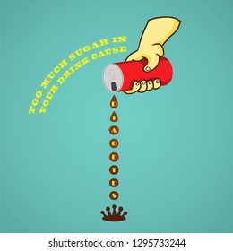 A hand holding a cola can dripping the word Diabetes with caption: Too much sugar in your drink cause diabetes. Vector illustration.