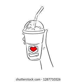 hand holding cold takeaway coffee with red heart sign vector illustration sketch doodle hand drawn with black lines isolated on white background