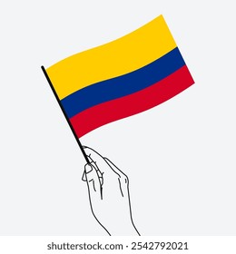 Hand holding Colombia flag in line art drawing style. Colombia hand Flag waving. Vector illustration