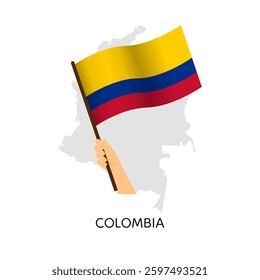 Hand holding Colombian flag with map on background