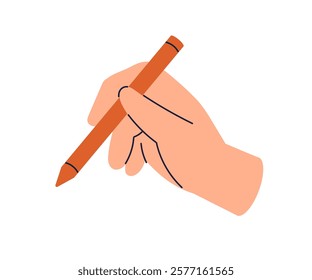 Hand holding colored pencil. Drawing with marker, sketching, designing with felt tip pen. Creative writing. Signing with stationery tool. Flat vector illustration isolated on white background