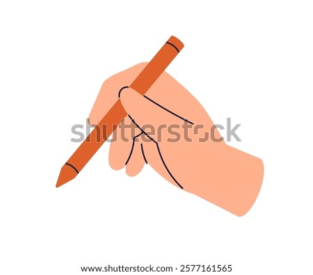 Hand holding colored pencil. Drawing with marker, sketching, designing with felt tip pen. Creative writing. Signing with stationery tool. Flat vector illustration isolated on white background