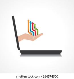 hand holding colorful arrows comes from laptop screen stock vector