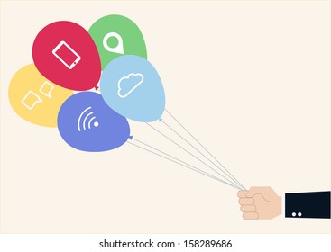 hand holding colorful balloons with communication icon
