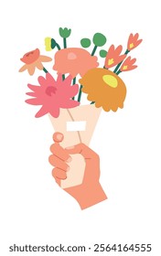 Hand holding colorful flower bouquet