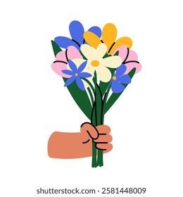 Hand holding colorful flower bouquet illustration for celebrations and greetings. Perfect for greeting cards, social media posts, gift tags, invitations, or floral-themed designs.