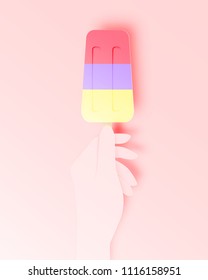 Hand holding a colorful popsicle in paper art style with pastel scheme vector illustration