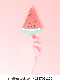 Hand holding a colorful popsicle in paper art style with pastel scheme vector illustration