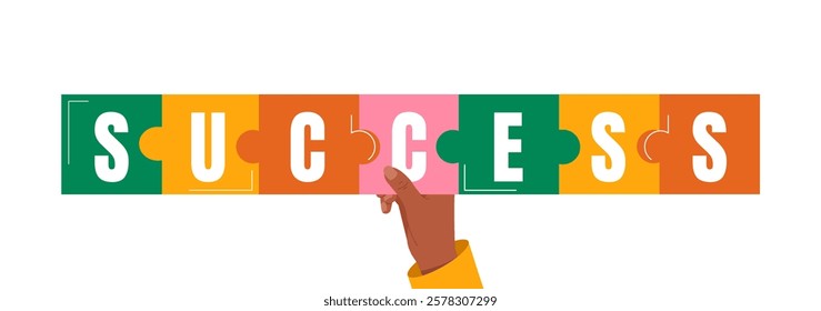 Hand holding colorful puzzle pieces spelling SUCCESS, bright colors, white background. Concept of teamwork, growth, and achieving goals. Vector illustration