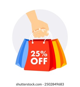 Hand holding colorful shopping bags with a 25 percent off sign, perfect for retail and commerce themes