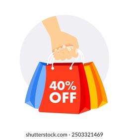 Hand holding colorful shopping bags with a 40 percent off discount offer, perfect for advertising sales and promotions