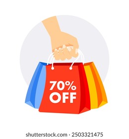 Hand is holding colorful shopping bags with a 70 percent off discount offer, perfect for advertising sales and promotions