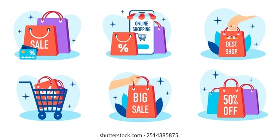 Hand is holding colorful shopping bags set