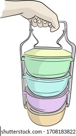 hand holding colorful tiffin carrier vector illustration sketch doodle hand drawn isolated on white background