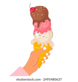 Hand holding colourful ice cream in a waffle cone with sprinkles and a cherry. Food concept for banner, card, menu, cafe. Isolated on white background. Vector illustration