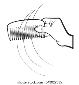 hand holding comb with hair in black outline-vector drawing