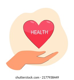 Hand holding comic heart with word health. Healthcare, protection of sick people or charity flat vector illustration. Health, medicine, medication concept for banner, website design or landing page