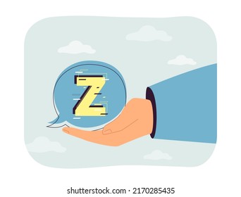 Hand holding communication bubble with letter Z. Person showing notion of young Z generation flat vector illustration. Youth, development concept for banner, website design or landing web page